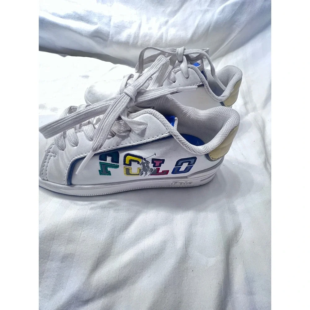 Polo Ralph Lauren Kids Heritage Court III White Multi Color Logo Sneakers Size12